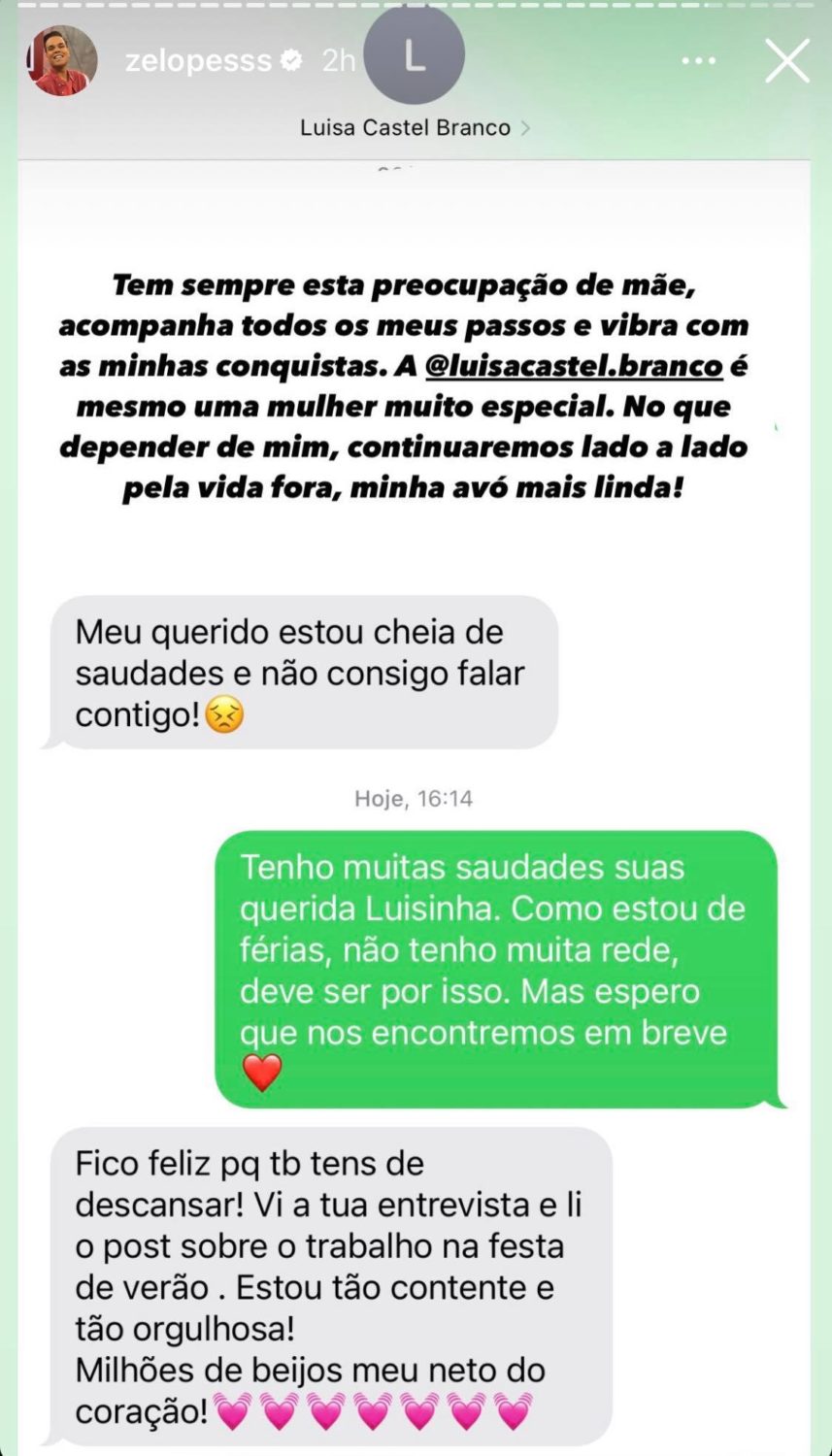Zé Lopes revela mensagem de Luísa Castel-Branco e declara-se: &#8220;É mesmo uma mulher especial&#8230;&#8221;