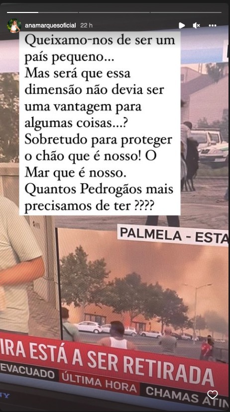 Ana Marques faz reflexão sobre incêndios em Portugal: &#8220;Quantos Pedrógãos mais precisamos de ter?&#8221;