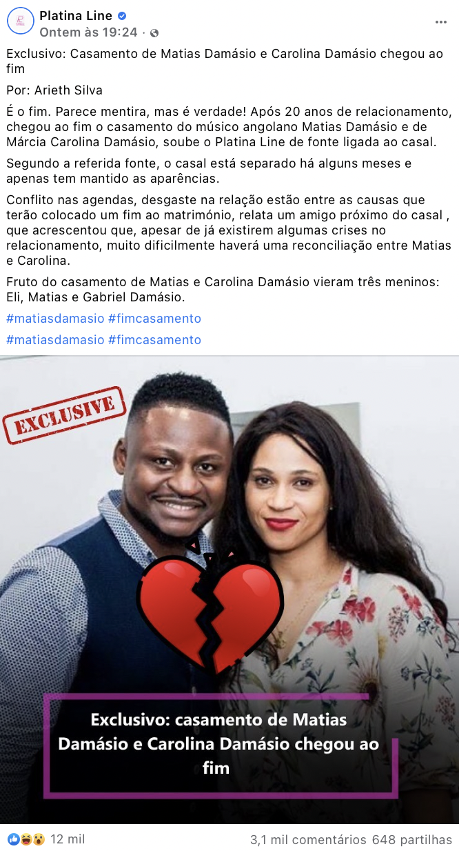 Casamento de Matias Damásio e Carolina Damásio chega ao fim