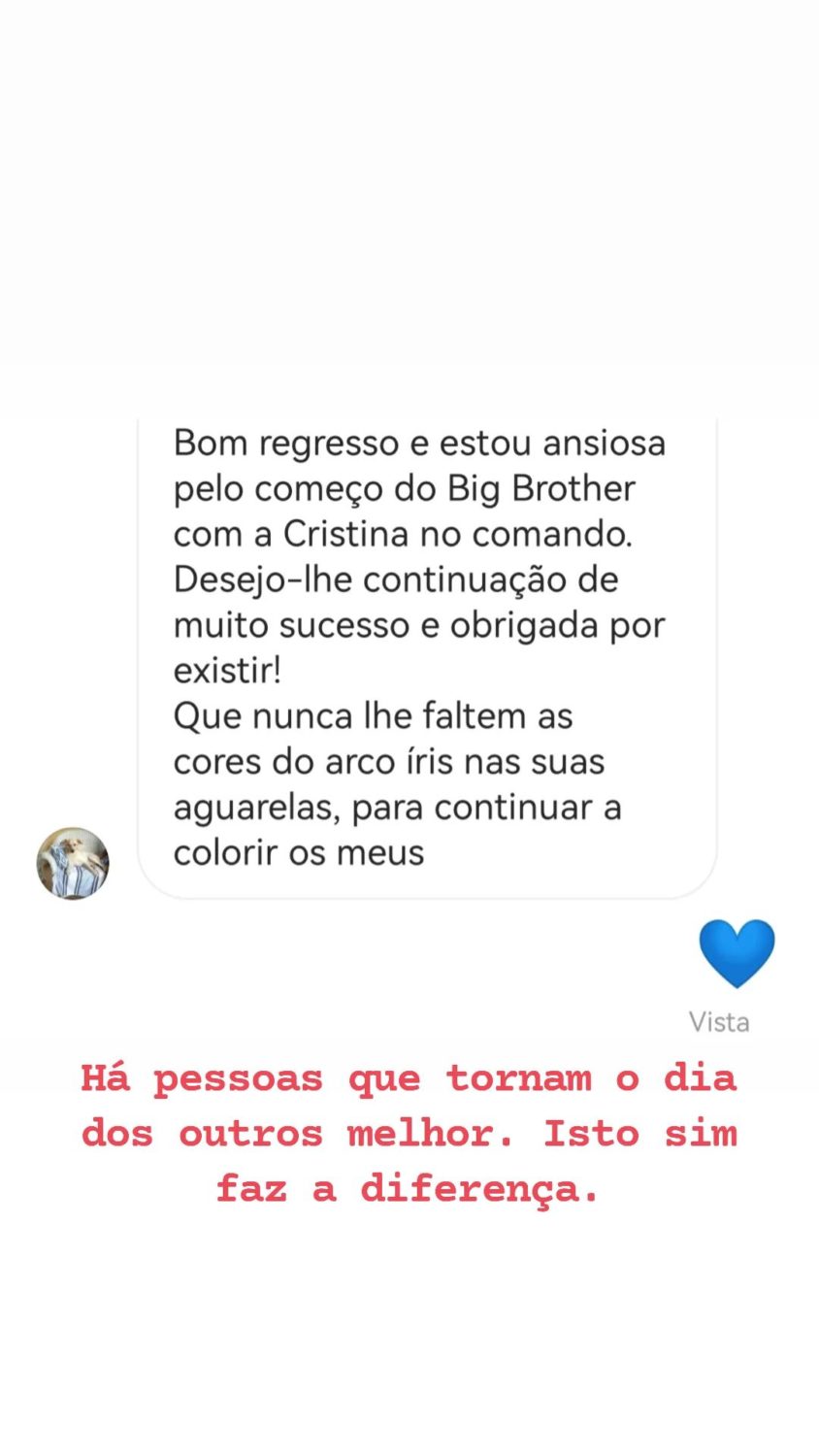 De férias, Cristina Ferreira destaca mensagem de seguidora: &#8220;Ansiosa pelo começo do Big Brother&#8230;&#8221;