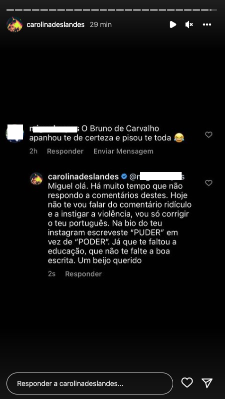 Carolina Deslandes responde &#8216;à letra&#8217; a seguidor: &#8220;O Bruno de Carvalho apanhou-te e pisou-te toda&#8230;&#8221;