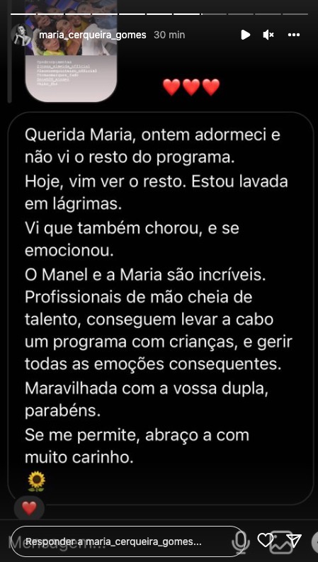 Após noite emotiva, Maria Cerqueira Gomes desaba em lágrimas: &#8220;Não me contive no final&#8230;&#8221;
