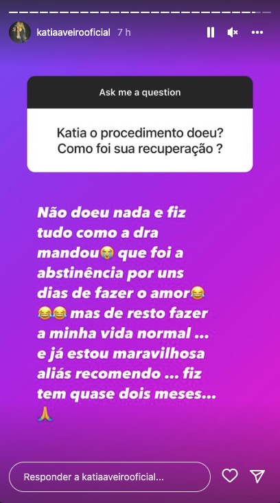 Após cirurgia, Katia Aveiro revela detalhes e fala sobre recuperação: &#8220;Uns dias sem fazer o amor&#8230;&#8221;