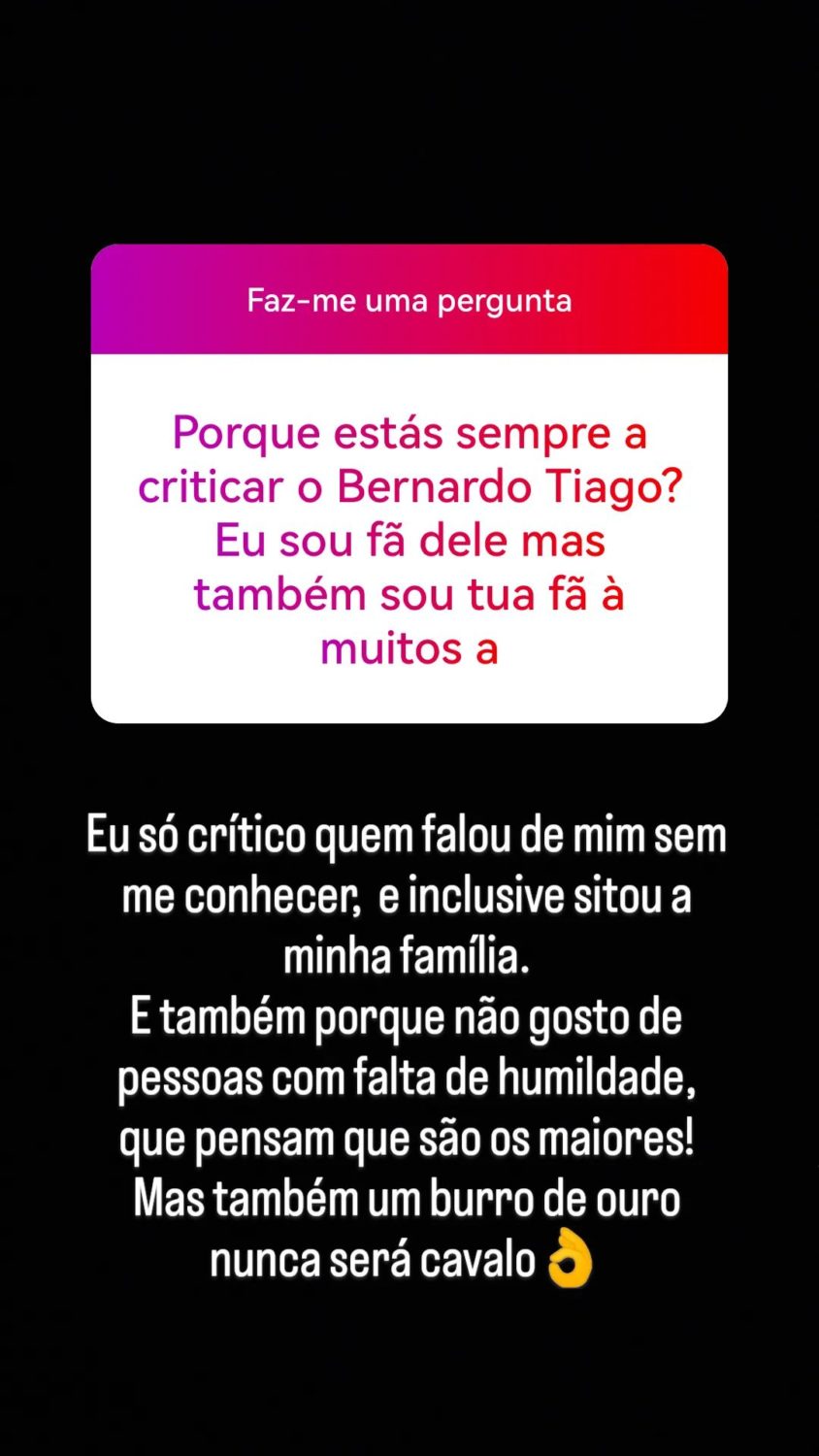Após apoiar Bruna Gomes, Tiago Ginga volta a &#8216;destratar&#8217; Bernardo Sousa e explica porquê