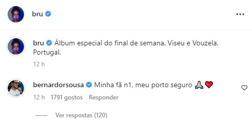 Bruna Gomes reage à vitória de Bernardo Sousa e recebe mensagem especial: &#8220;Minha fã nº1 ❤️&#8221;