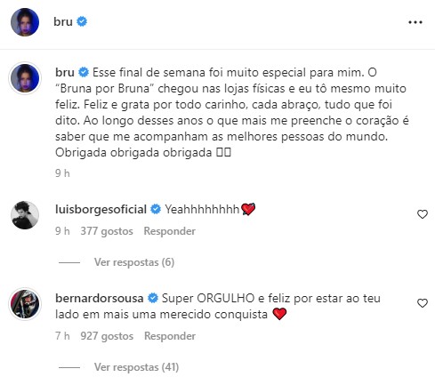 Bruna Gomes faz agradecimento e recebe declaração de Bernardo Sousa após conquista: &#8220;Super orgulho ❤️&#8221;