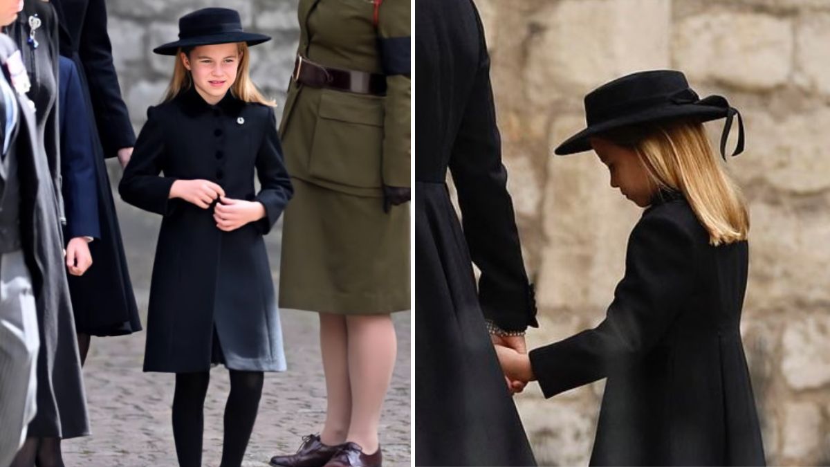 Aos sete anos, princesa Charlotte usa uma joia pela primeira vez no funeral da bisavó