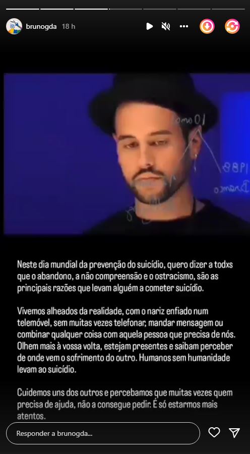 Bruno Almeida recorda &#8216;Big Brother’ e alerta para a prevenção do suicídio: “Vivemos alheados da realidade…”