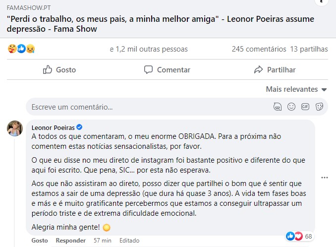Depressão? Após notícias, Leonor Poeiras deixa recado: &#8220;Que pena SIC, por esta não esperava…&#8221;
