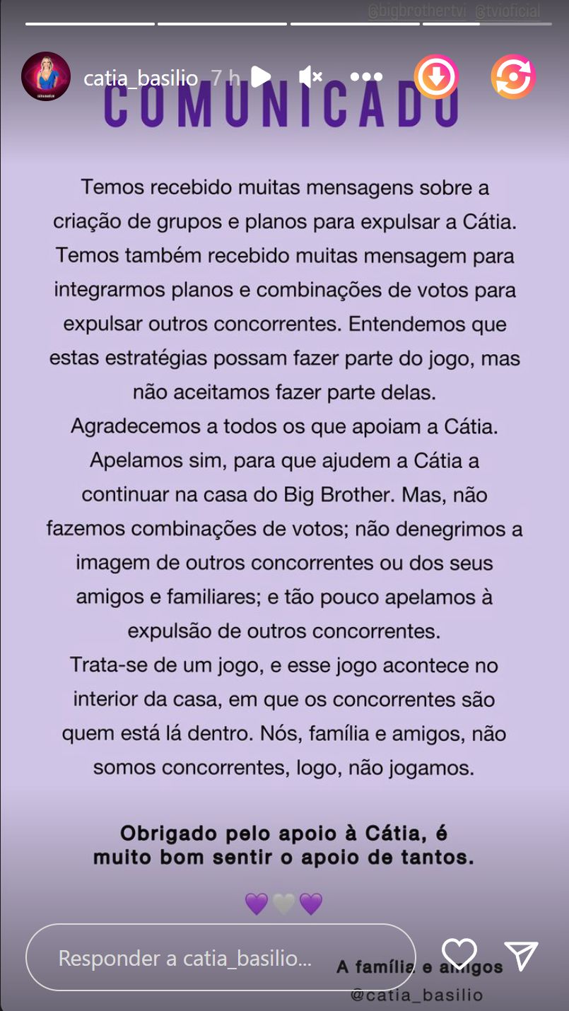 Polémica no Big Brother! Família de Cátia Basílio emite comunicado: &#8220;Não denegrimos a imagem de outros&#8230;&#8221;