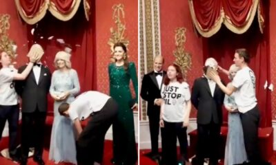 Ativistas atiram bolos contra a estátua do rei Carlos III no museu Madame Tussauds