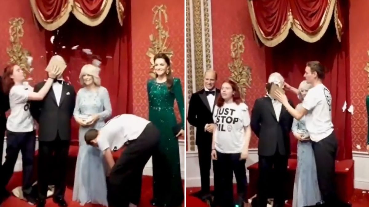 Ativistas atiram bolos contra a estátua do rei Carlos III no museu Madame Tussauds