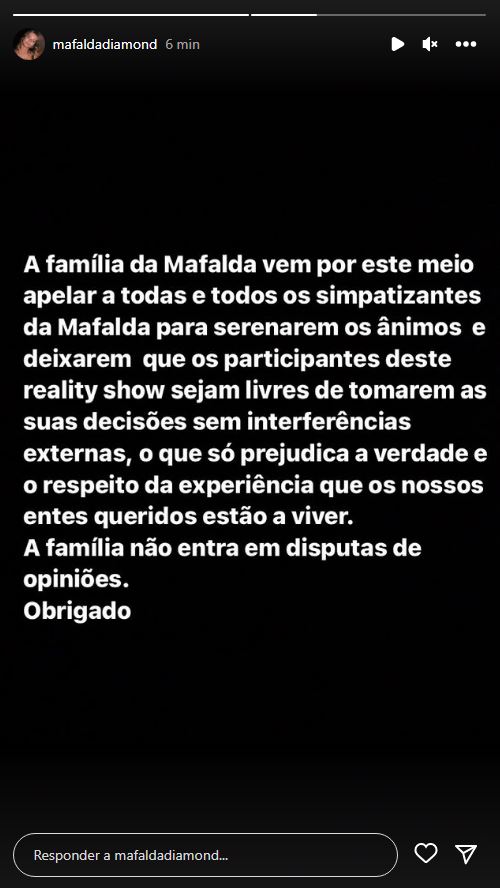 Família de Mafalda Diamond emite comunicado após aviões: &#8220;Só prejudica a verdade e o respeito&#8230;&#8221;