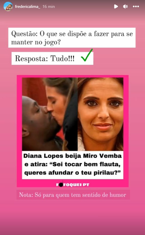 Oops! Frederica Lima não perdoa Diana Lopes e lança farpa após beijos a Miro Vemba