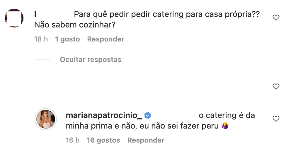 Mariana Patrocínio mostra almoço em família e é &#8216;confrontada&#8217;: &#8220;Catering? Não sabem cozinhar?&#8221;