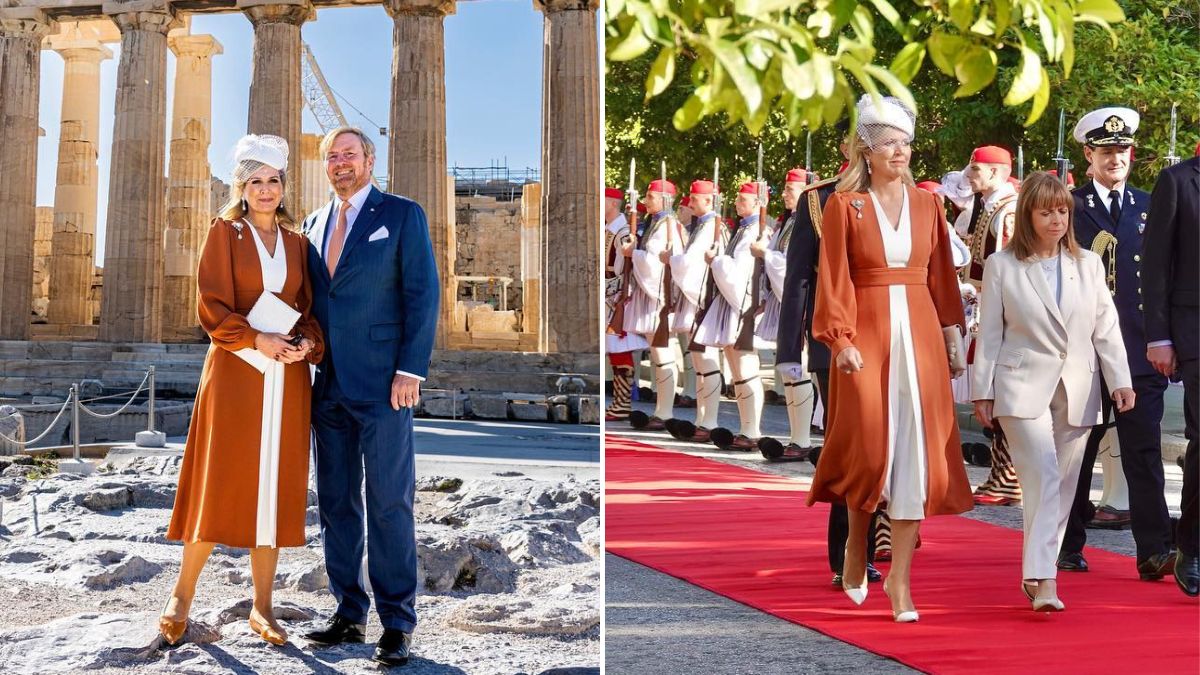 Pura elegância! Rainha Máxima &#8216;brilha&#8217; com vestido bicolor durante viagem à Grécia