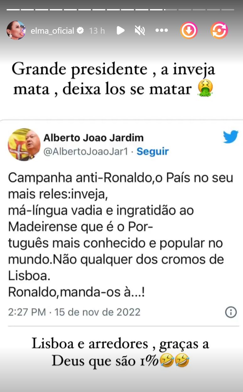 Elma Aveiro partilha &#8220;recado&#8221; de Alberto João Jardim: &#8220;Ronaldo, manda-os à&#8230;&#8221;
