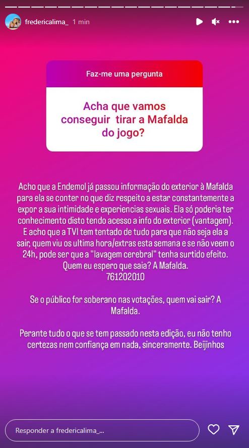 Frederica Lima quer Mafalda Diamond expulsa e deixa novas farpas: &#8220;A &#8216;lavagem cerebral&#8217; pode ter surtido efeito&#8230;&#8221;