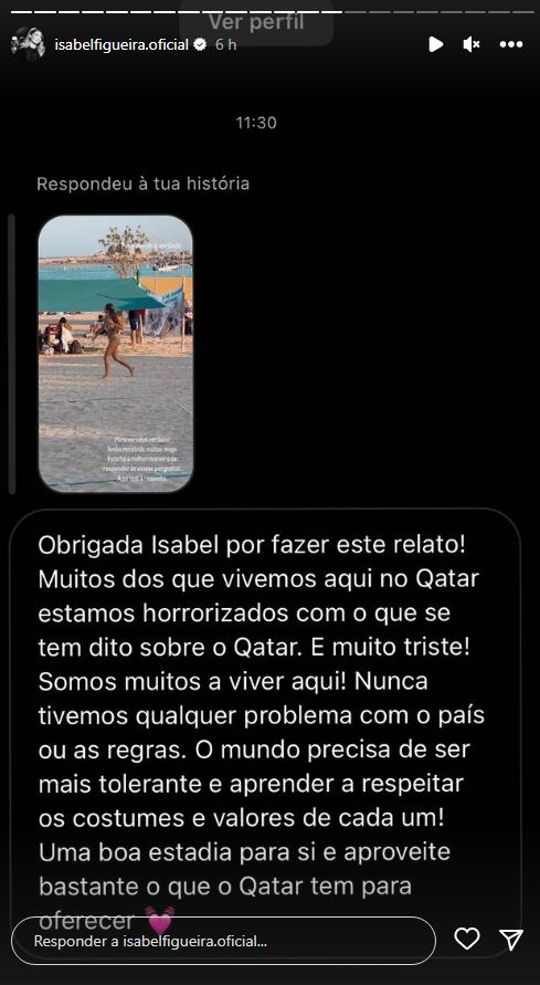 Isabel Figueira &#8216;inundada&#8217; de carinho após relato sobre estadia no Qatar: &#8220;Só o amor importa&#8230;&#8221;