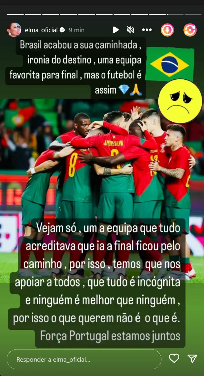 Elma Aveiro reage à eliminação do Brasil: &#8220;Ironia do destino, uma equipa favorita para a final&#8230;&#8221;