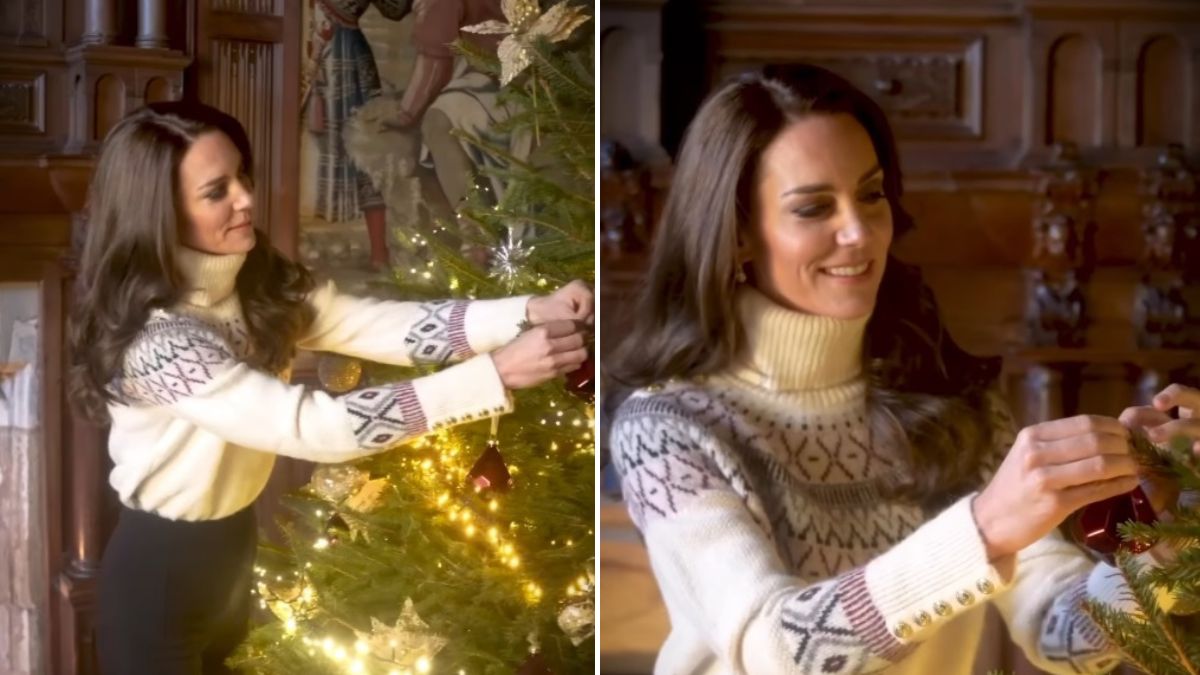 Kate Middleton aparece decorar a árvore de Natal com adorável camisola de lã