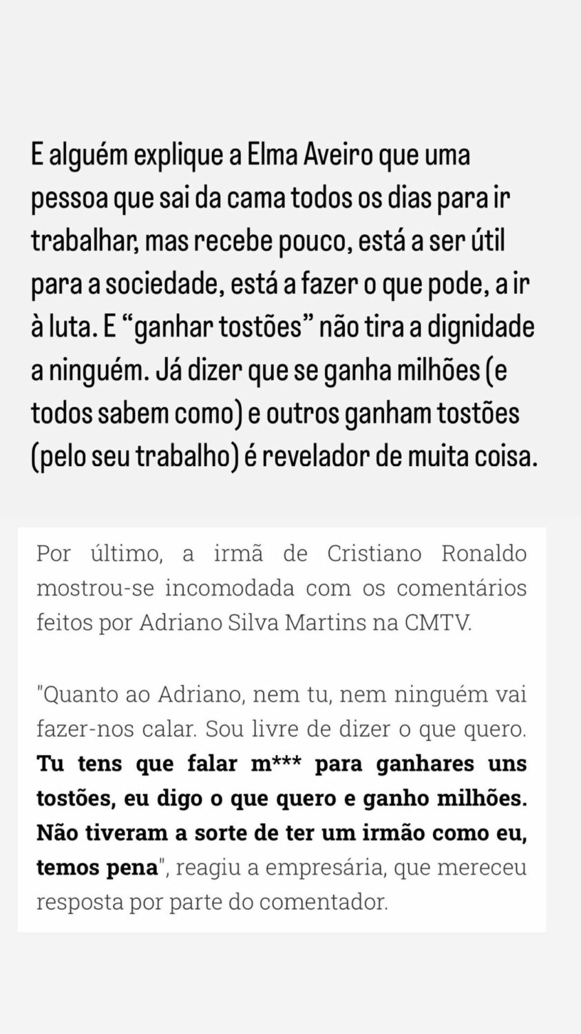 Ganhar tostões? Elma Aveiro recebe (duro) recado após &#8220;ataque&#8221; a Adriano Silva Martins