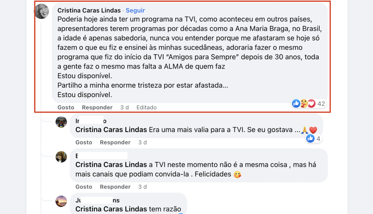 Cristina Caras Lindas reage a publicação da TVI e deixa &#8216;recado&#8217;: &#8220;Nunca vou entender porque me afastaram&#8230;&#8221;