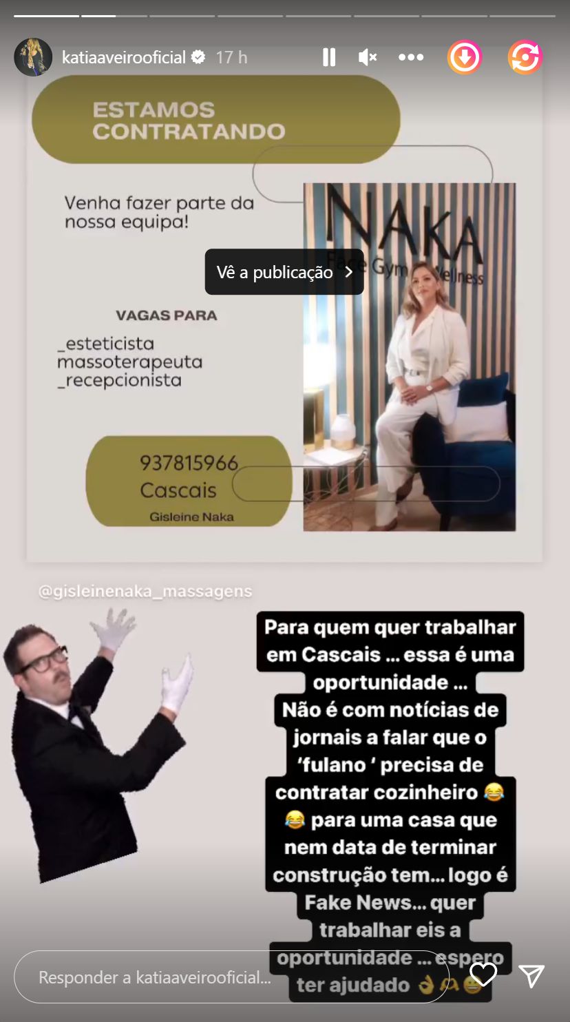 Kátia Aveiro revela oferta de emprego para Cascais e dá &#8220;bicada&#8221; à imprensa: &#8220;Quem quer trabalhar, eis a oportunidade&#8230;&#8221;