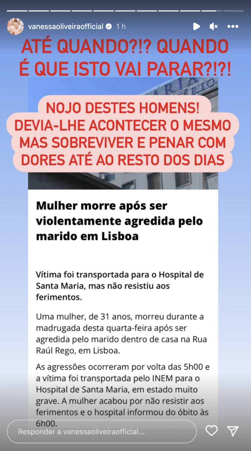 Vanessa Oliveira revoltada com morte de mulher vítima de violência doméstica: &#8220;Nojo destes homens!&#8221;