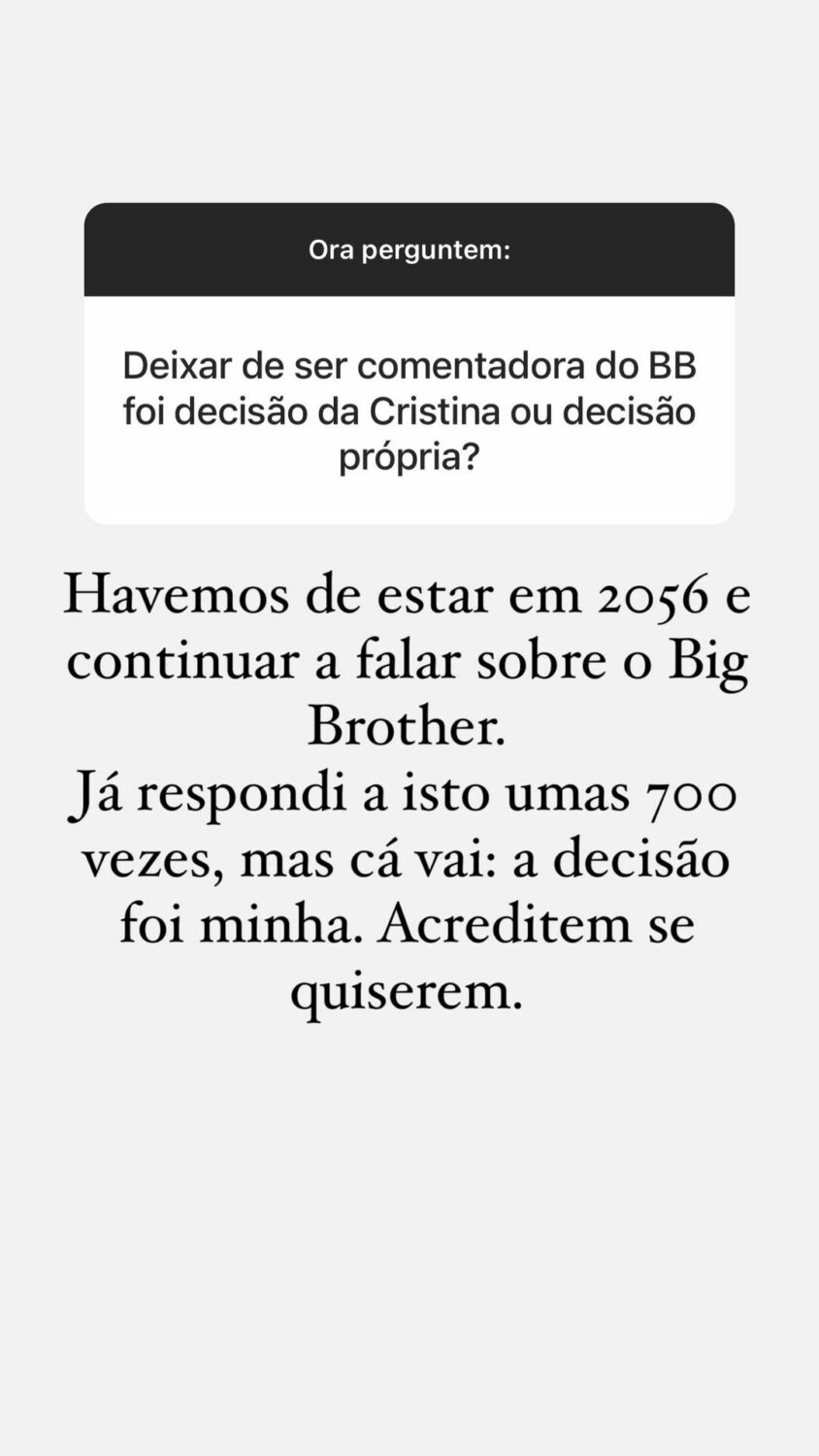 &#8220;Pipoca Mais Doce&#8221; dá (nova) resposta: &#8220;Saída do Big Brother foi decisão da Cristina [Ferreira]?&#8221;