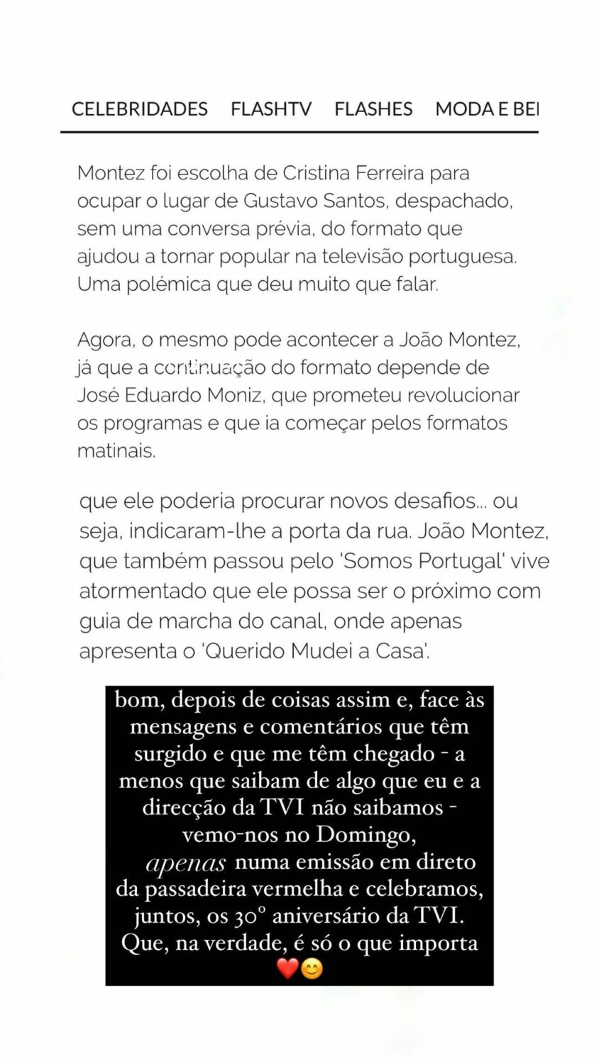 &#8220;Despachado da TVI?&#8221;: João Montez reage às notícias e deixa &#8220;recado&#8221;: &#8220;Na verdade, é só o que importa&#8230;&#8221;