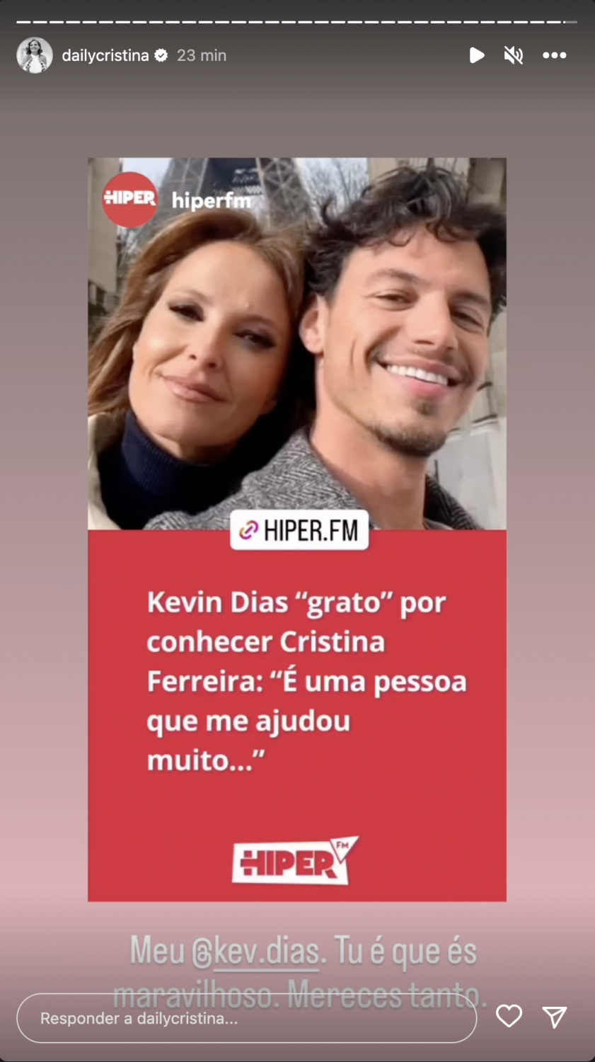 Amor! Cristina Ferreira responde a Kevin Dias após palavras de carinho: &#8220;Meu Kevin. Mereces tanto&#8221;