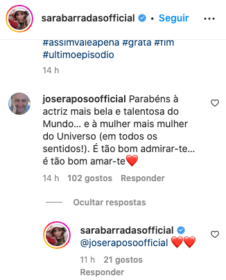 José Raposo faz rasgados elogios e declara-se a Sara Barradas: &#8220;É tão bom admirar-te… É tão bom amar-te&#8221;
