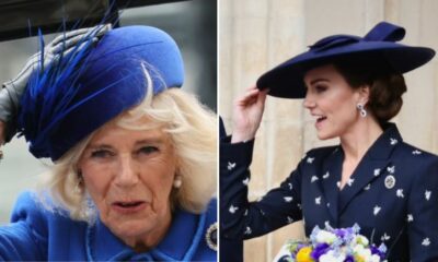 Quase voavam! Princesa Kate e rainha Camilla seguram chapéus em dia de muito vento