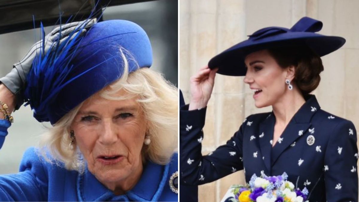 Quase voavam! Princesa Kate e rainha Camilla seguram chapéus em dia de muito vento