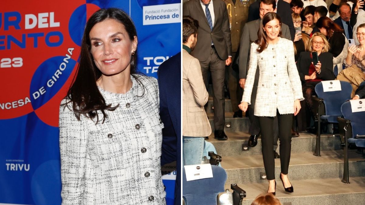 Rainha Letizia estreia casaco clássico em tweed (que custa 149 euros)