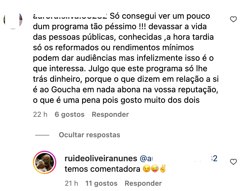 Oops! Rui Oliveira responde a seguidora após críticas ao programa da CMTV: &#8220;Tão péssimo!&#8221;