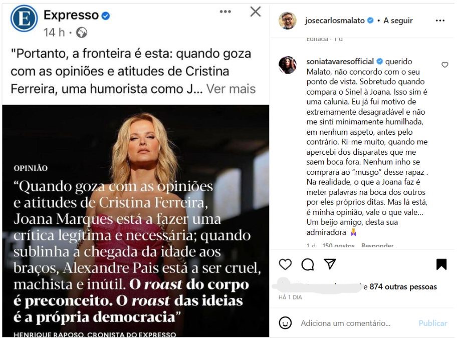 Sónia Tavares responde a José Carlos Malato e &#8216;defende&#8217; Joana Marques: &#8220;Isso sim é uma calúnia&#8230;&#8221;
