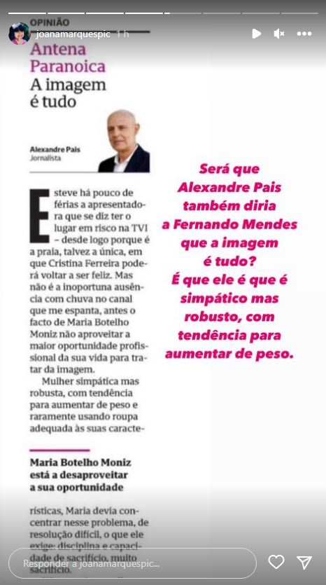 Joana Marques reage ao texto de Alexandre Pais: &#8220;Olha para Cristina Ferreira e vê obesidade mórbida&#8230;&#8221;