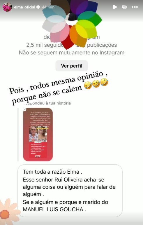 Após farpas, Elma Aveiro reage a crítica sobre Rui Oliveira: &#8220;Se é alguém, é porque é marido do Goucha&#8230;&#8221;