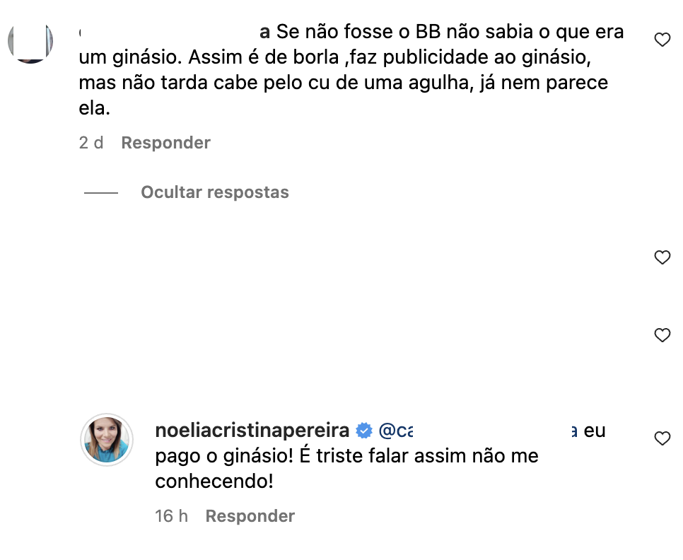 Noélia Pereira reage a crítica (e acusação): &#8220;Se não fosse o BB não sabia o que era um ginásio&#8230;&#8221;