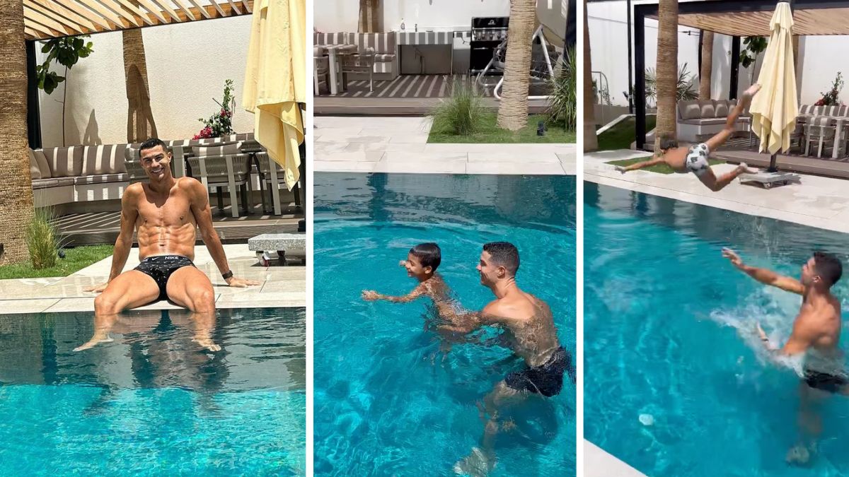 Cristiano Ronaldo &#8216;ensina&#8217; o filho a nadar de forma &#8216;peculiar&#8217;: &#8220;Vamos Mateo!&#8221;