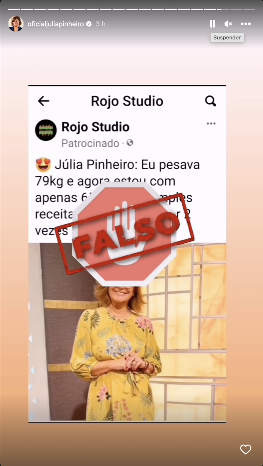 Júlia Pinheiro é &#8216;alertada&#8217; para fraude e reage: &#8220;É falso. Peço que denunciem&#8230;&#8221;