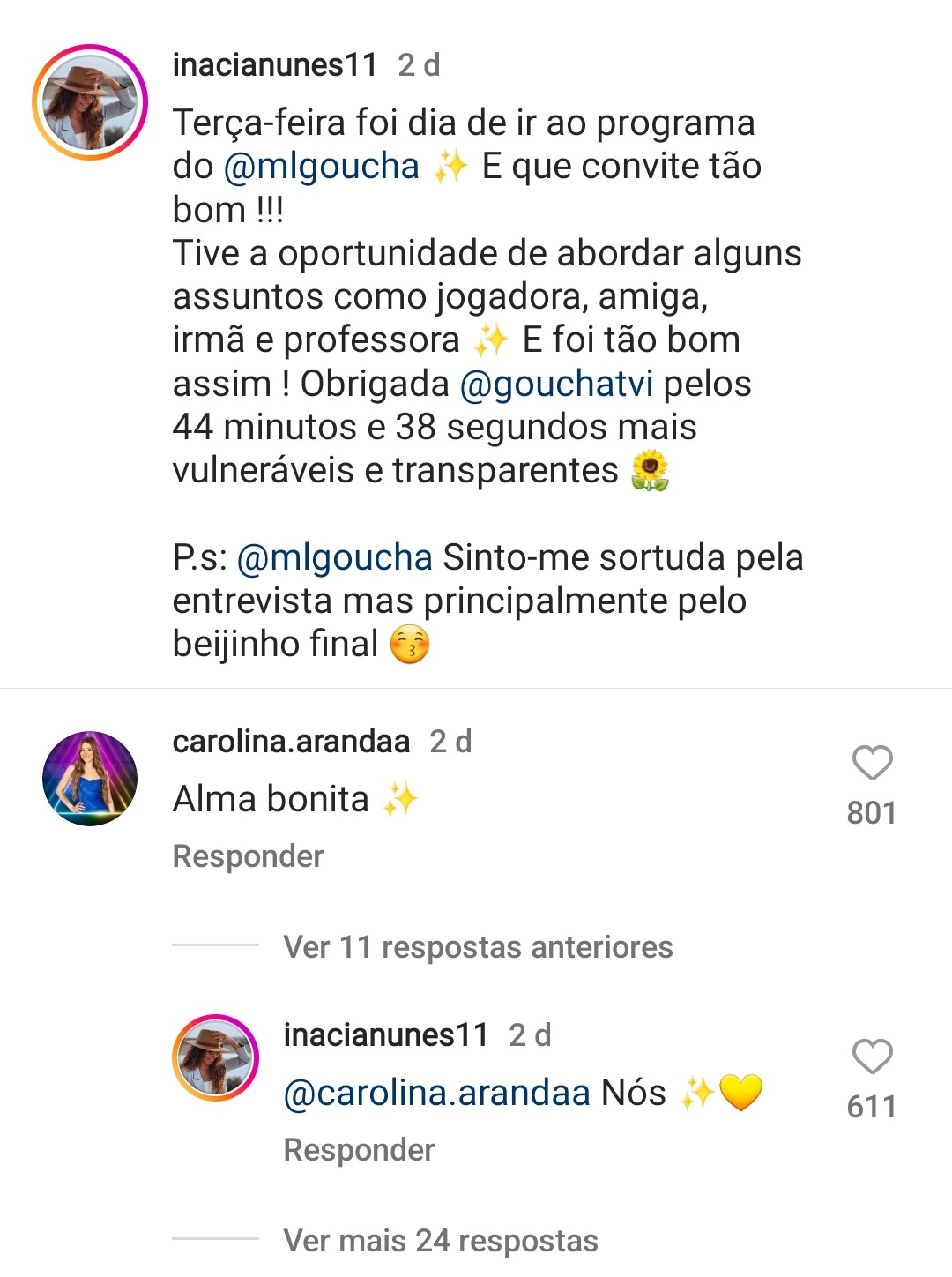 Inácia Nunes e Carolina Aranda trocam declarações em nova foto: &#8220;Alma bonita&#8230;&#8221;