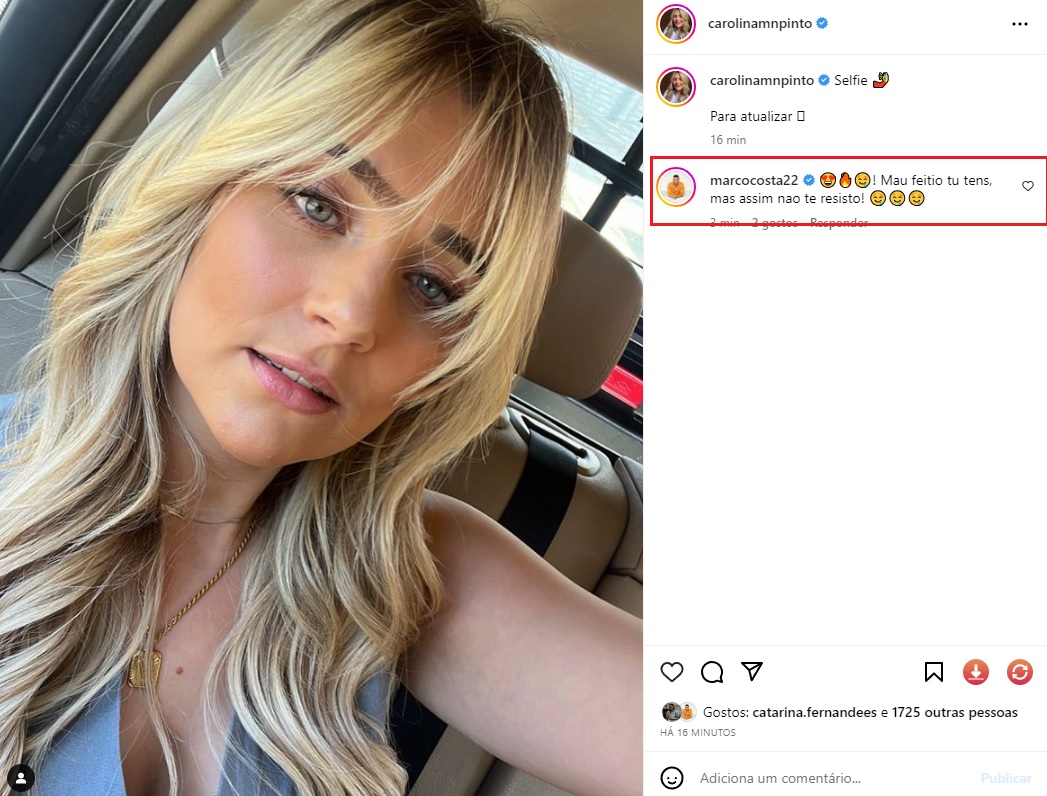 Carolina Pinto partilha selfie e Marco Costa declara-se: &#8220;Assim não te resisto&#8221;