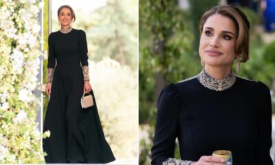 Rainha Rania da Jordânia aposta em vestido preto para o casamento do filho