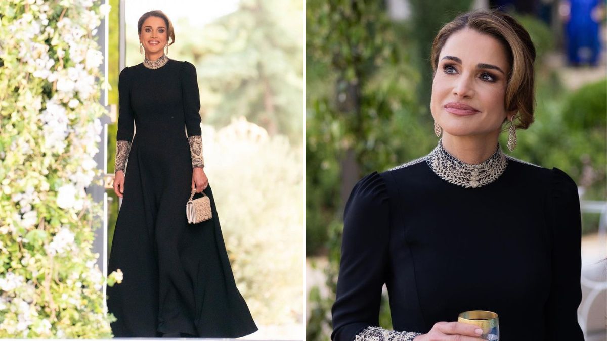 Rainha Rania da Jordânia aposta em vestido preto para o casamento do filho