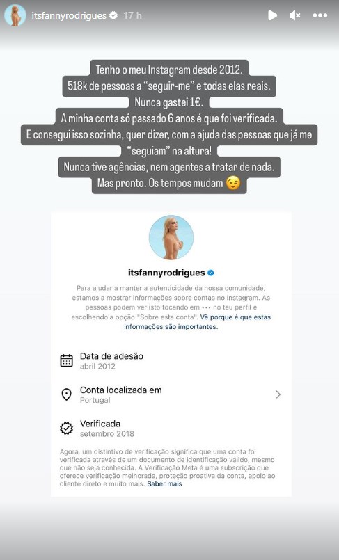 Pagar pela verificação no Instagram? Fanny Rodrigues reage a notícia e revela: &#8220;Nunca gastei 1€&#8230;&#8221;