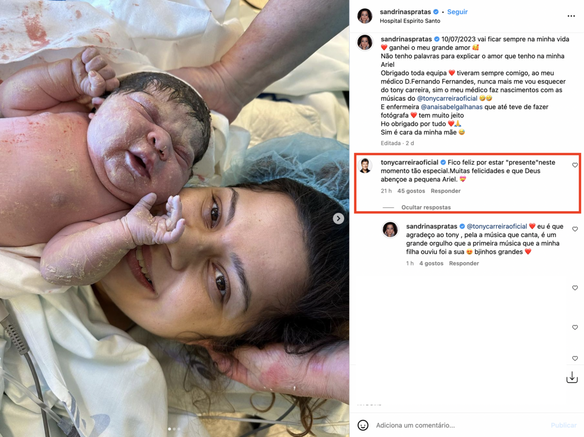 Tony Carreira reage ao nascimento da filha de Sandrina Pratas: &#8220;Fico feliz por estar &#8220;presente&#8221; neste momento&#8230;&#8221;