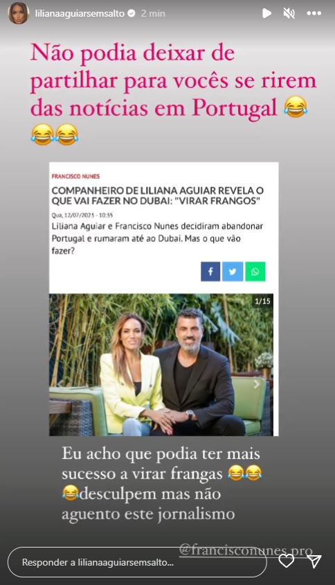 Liliana Aguiar reage a notícia sobre o marido: &#8220;Podia ter mais sucesso a virar frangas&#8230;&#8221;